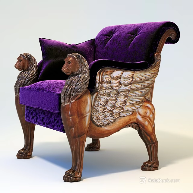 Purple Velvet Armchair With Lion Head Armrests Wing Details And Wooden Legs 3d model 