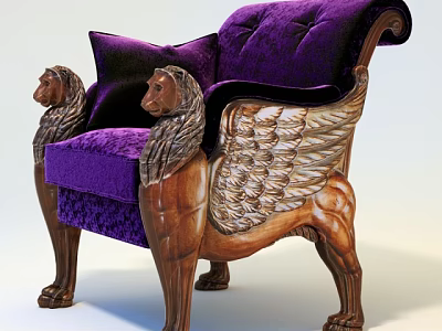 Purple Velvet Armchair With Lion Head Armrests Wing Details And Wooden Legs 3d model
