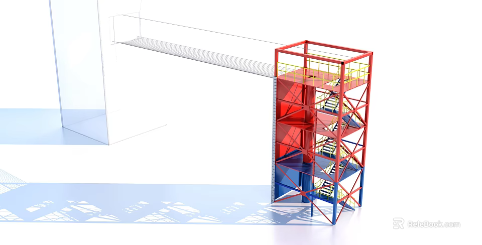 Industrial Metal Structure With Staircase Platform Red Blue Frames And Yellow Railings 3d model 