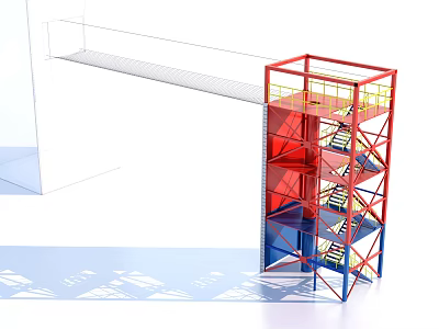 Industrial Metal Structure With Staircase Platform Red Blue Frames And Yellow Railings 3d model