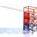 Industrial Metal Structure With Staircase Platform Red Blue Frames And Yellow Railings