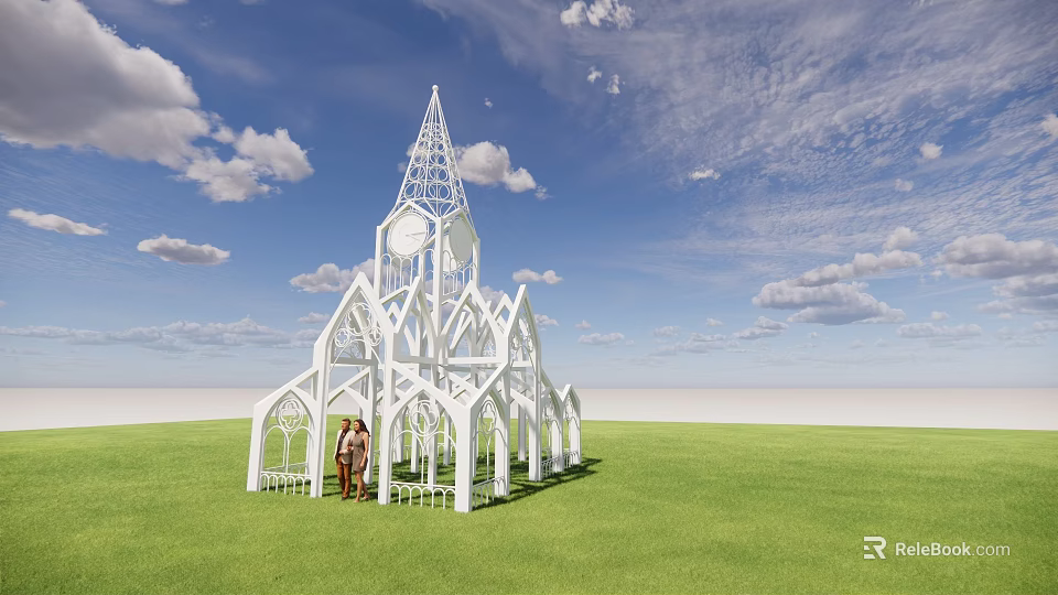 White Gothic Style Spire Structure On Green Grass With Blue Sky And Two People 3d model 