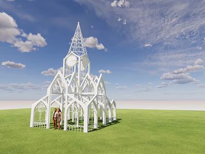 White Gothic Style Spire Structure On Green Grass With Blue Sky And Two People 3d model