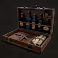 Open Wooden Case With Labeled Bottles Leather Bound Book And Scrolls 3d model