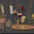 Traditional Wooden Items Display With Cart Barrels Boat Ladder Flags And Lanterns