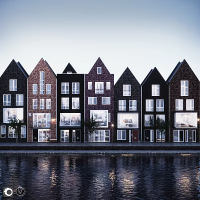 Colorful Commercial Street With Historic Brick Buildings And Riverside Evening Lights 3d model