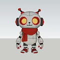 Cute Robot Sculpture with Silver Body Red Scarf Yellow Eyes and Black Headphones