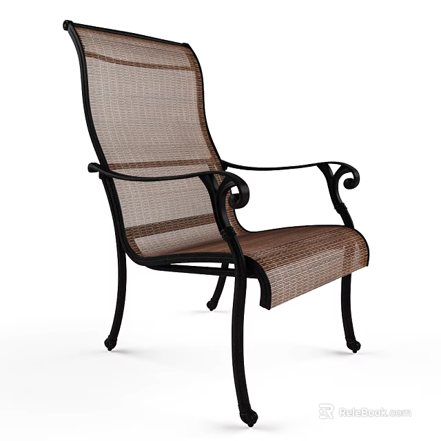Outdoor Leisure Chair With Stylish Black Metal Frame Curved Armrests And Brown Mesh 3d model 