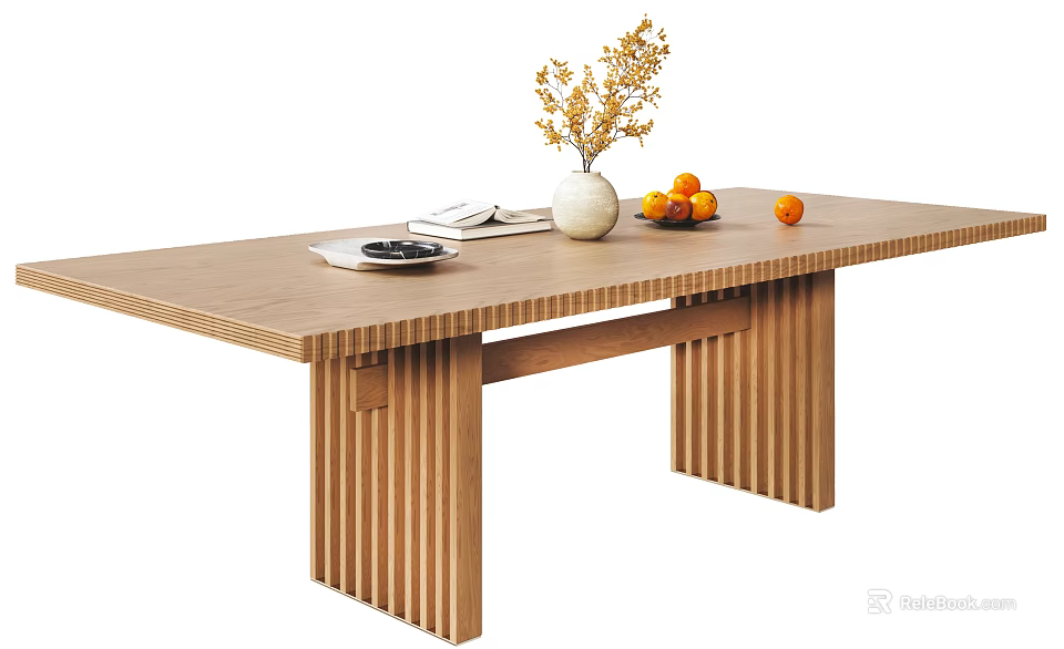 Natural Wooden Dining Table With White Vase Dried Flowers Bowl Of Oranges And Plate 3d model 