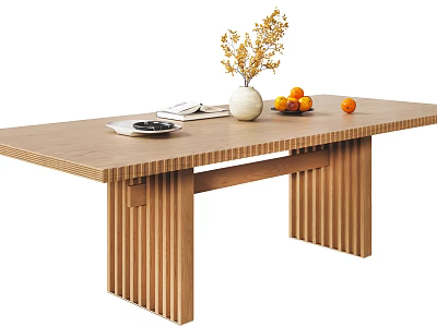 Natural Wooden Dining Table With White Vase Dried Flowers Bowl Of Oranges And Plate 3d model