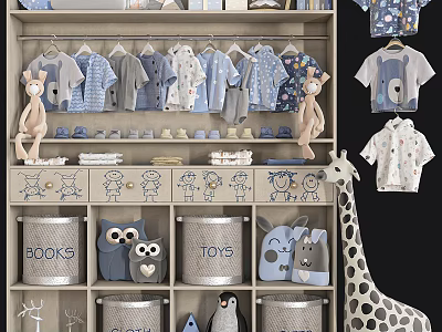 Adorable Baby Wardrobe With Cartoon Animal Decor Storage Baskets And Clothes Shelves 3d model
