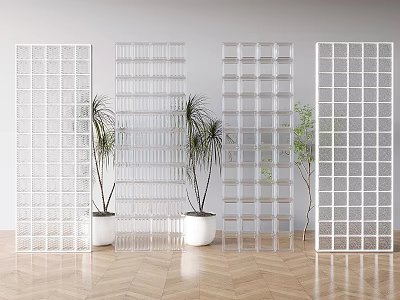 Stylish Grid Design Room Dividers With Transparent Panels And Potted Plants 3d model