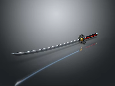 Samurai Sword Featuring Sharp Metal Blade Red Black Decorative Handle Circular Guard And Shiny Surface 3d model
