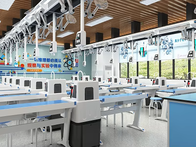 Modern Bright Spacious Laboratory Featuring White Lab Benches Blue Countertops Hanging Instruments Chemical Molecule Posters 3d model