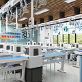 Modern Bright Spacious Laboratory Featuring White Lab Benches Blue Countertops Hanging Instruments Chemical Molecule Posters
