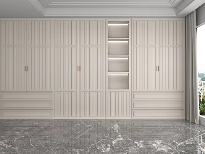 Modern White Storage Cabinet Shelf With Gold Handles And Open Shelves In Room Interior 3d model