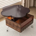 Wooden Coffee Table With Petal Shaped Top Transparent Drawer And Wheeled Legs
