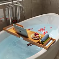 Elegant Bathroom Bathtub With Wooden Storage Rack Holding Tablet Wine Glass And Towels