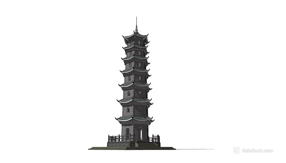 Traditional Chinese Multi story Pagoda With Overhanging Eaves And Stone Base Railing 3d model 