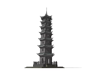 Traditional Chinese Multi story Pagoda With Overhanging Eaves And Stone Base Railing 3d model