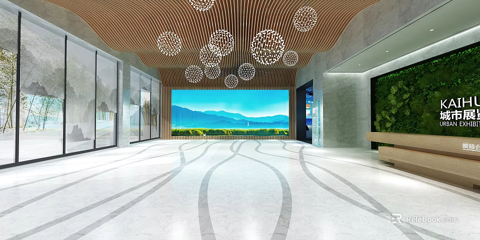 Modern Spacious Lobby With Wooden Ceiling Spherical Pendant Lights Marble Floor And Lake Mountain View 3d model 