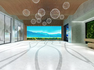Modern Spacious Lobby With Wooden Ceiling Spherical Pendant Lights Marble Floor And Lake Mountain View 3d model