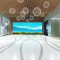 Modern Spacious Lobby With Wooden Ceiling Spherical Pendant Lights Marble Floor And Lake Mountain View
