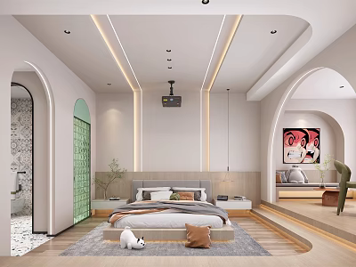 Modern Apartment Bedroom With Arched Doors Projector Cozy Bed Decorative Rug Green Plants And Artwork 3d model