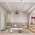Modern Apartment Bedroom With Arched Doors Projector Cozy Bed Decorative Rug Green Plants And Artwork