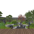 Courtyard Garden Design With Lush Green Plants Red Leaf Trees Stone Path And Landscape Lanterns