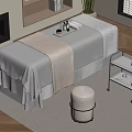 Serene Spa Treatment Room With Massage Table Metal Cart Fireplace Bookshelf And Potted Plant