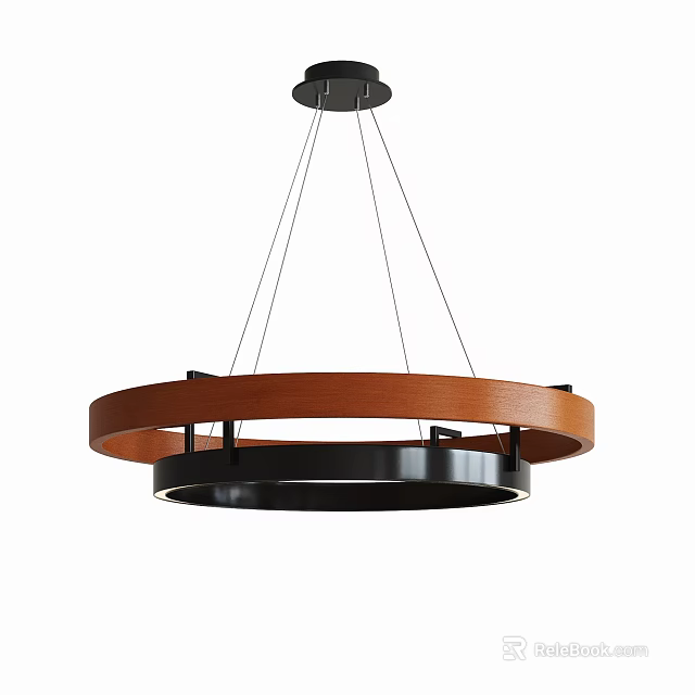 Modern Circular Chandelier with Brown and Black Ring Shaped Structure Suspended by Thin Cables 3d model