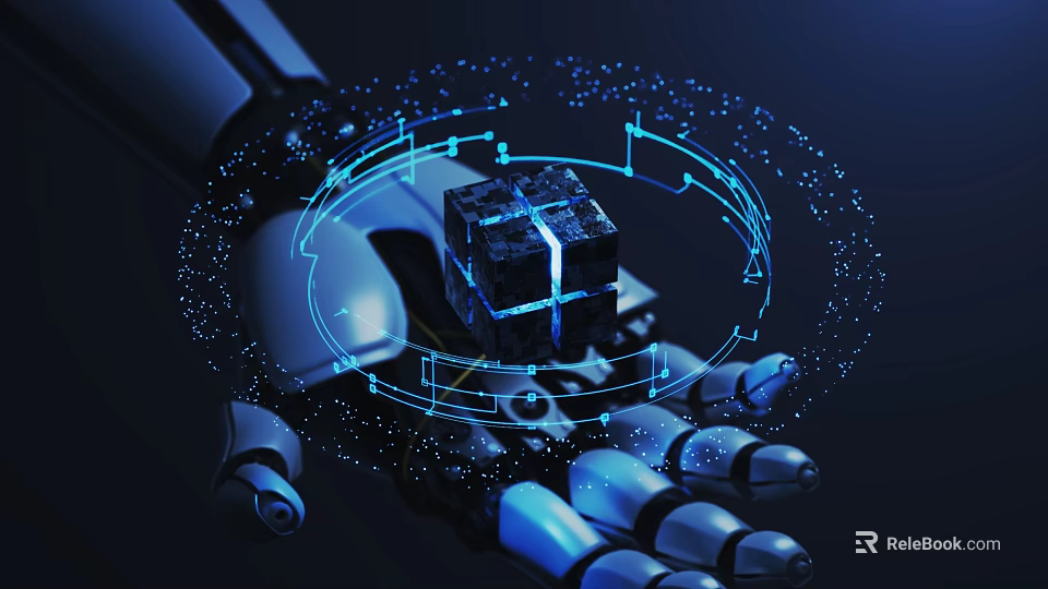 Robotic Hand Holding Digital Cube With Glowing Lines And Light Points 3d model 