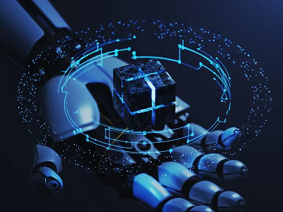 Robotic Hand Holding Digital Cube With Glowing Lines And Light Points 3d model