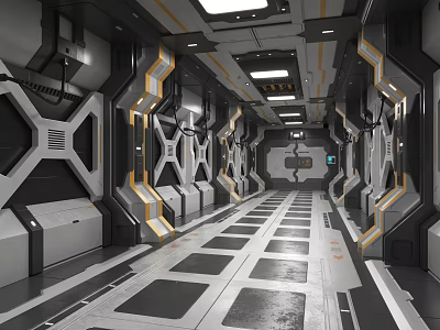 Futuristic Sci Fi Corridor Interior With Geometric Wall Panels Orange Gray Accents And Checkerboard Floor 3d model