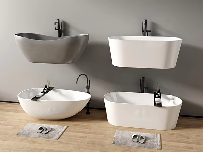 Gray And White Wall Mounted Freestanding Bathtubs With Bath Mats And Slippers 3d model
