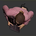 Woman In Pink Striped Shirt And Blue Skirt Holding Black Notebook Standing Against Gray Background