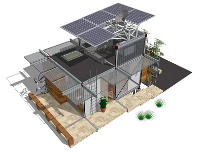 Modern Building With Solar Panels Glass Metal Structure And Outdoor Plants 3d model