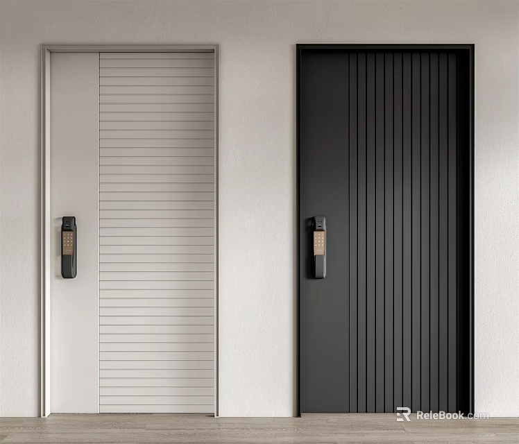 Modern Security Doors in White and Black with Vertical Stripes and Metal Handles 3d model 