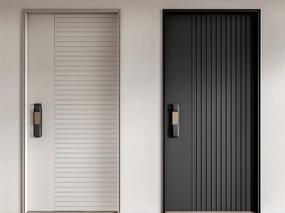 Modern Security Doors in White and Black with Vertical Stripes and Metal Handles 3d model