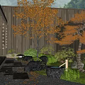 Zen Courtyard Garden with Wooden Walls Orange Leaved Trees Pine Trees and Stone Path