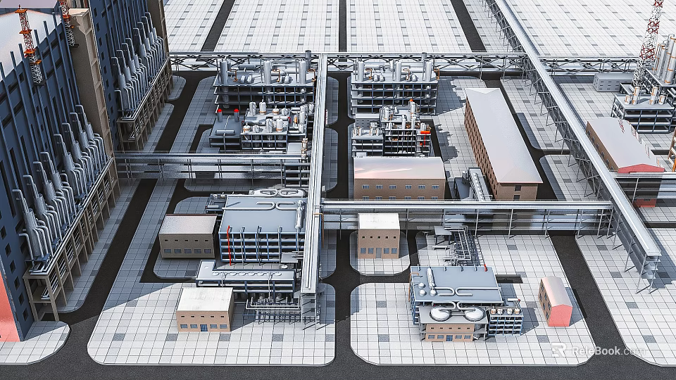 Modern Industrial Factory Complex With Steel Structures Multiple Buildings And Pipeline Systems 3d model 