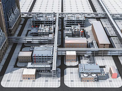 Modern Industrial Factory Complex With Steel Structures Multiple Buildings And Pipeline Systems 3d model