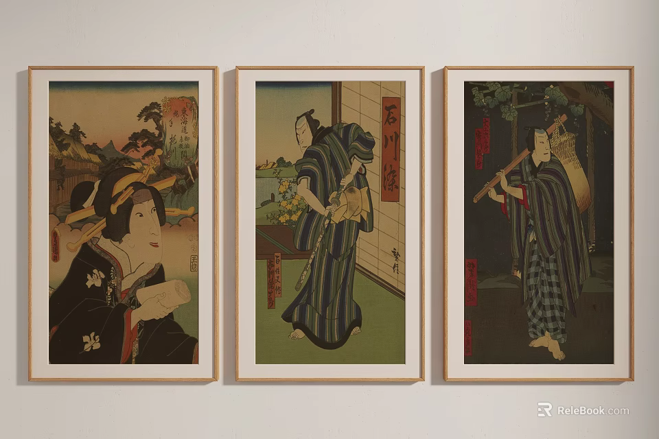 Traditional Japanese Figure Paintings Framed On Wall With Scenic Backgrounds And Attire 3d model 