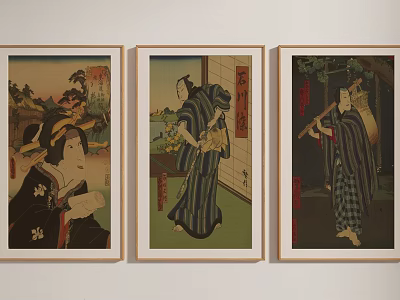 Traditional Japanese Figure Paintings Framed On Wall With Scenic Backgrounds And Attire 3d model