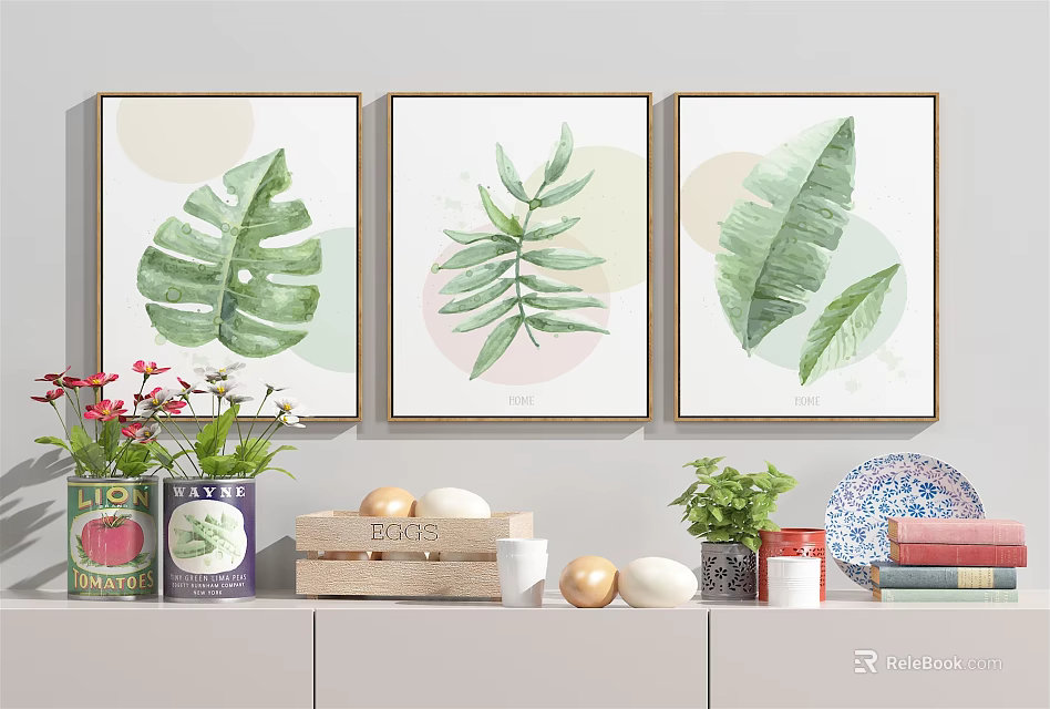 Tropical Leaf Wall Art Decor In Living Room With Vases And Decorative Items 3d model 