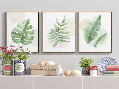 Tropical Leaf Wall Art Decor In Living Room With Vases And Decorative Items 3d model