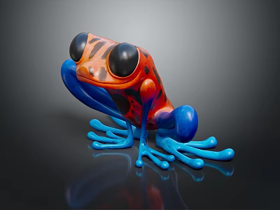 Vibrant Frog Character Design Red Black Body Blue Limbs Large Eyes With Reflection Dark Background 3d model
