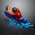 Vibrant Frog Character Design Red Black Body Blue Limbs Large Eyes With Reflection Dark Background