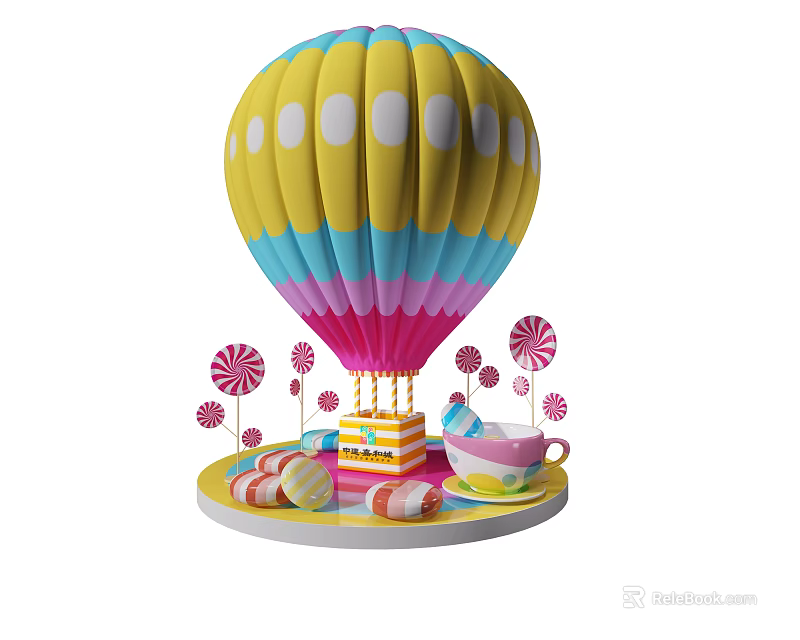 Colorful Hot Air Balloon Inflatable With Lollipops Cake And Teacup Decorations 3d model 